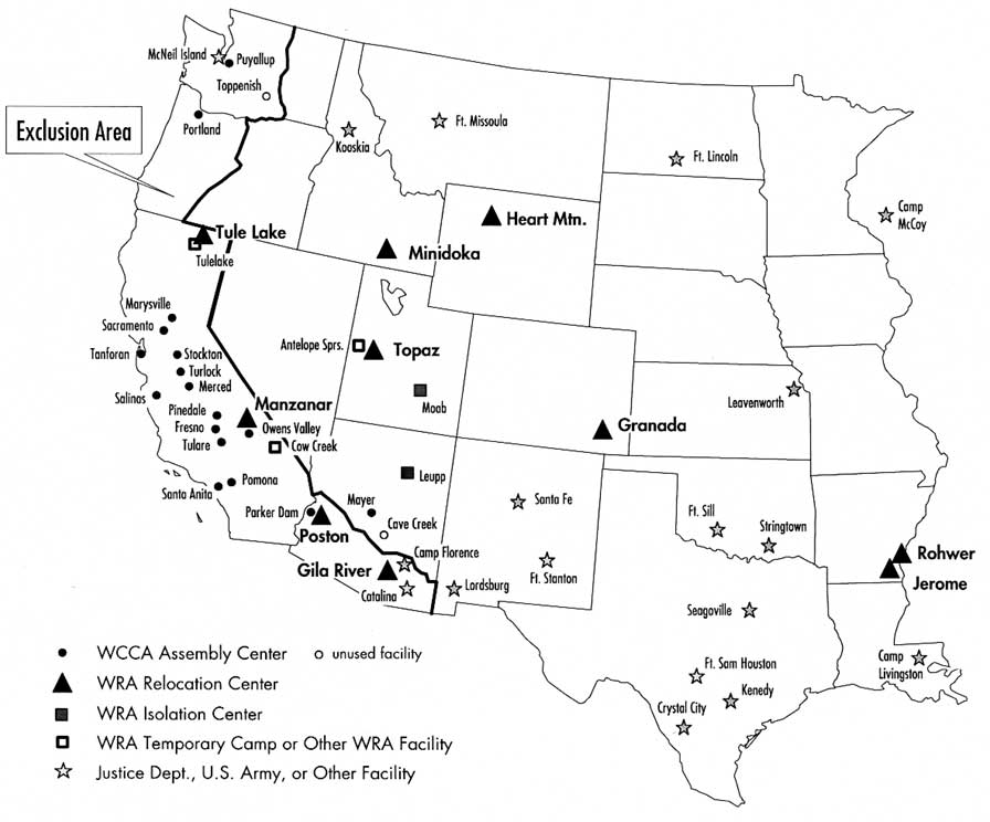 Map of Internment Camps for Japanese-Americans During World War II