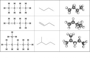 Structures of butane, 1-butene, and 2-methylpentane
