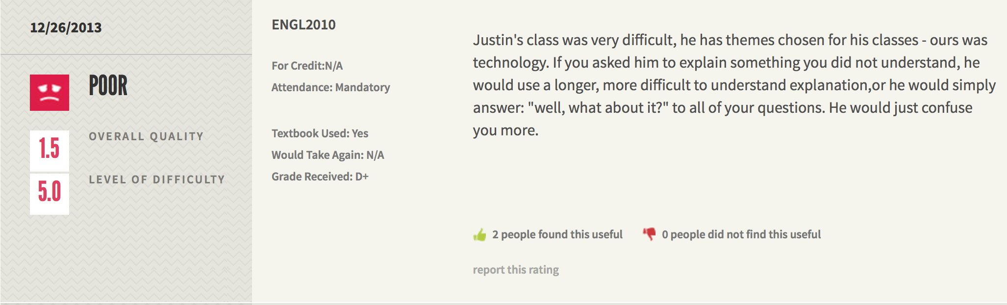 Another RMP review in which the student says, "If you asked him to explain something you did not understand, he would use a longer, more difficult to understand explanation, or he would simply answer: 'well, what about it?'