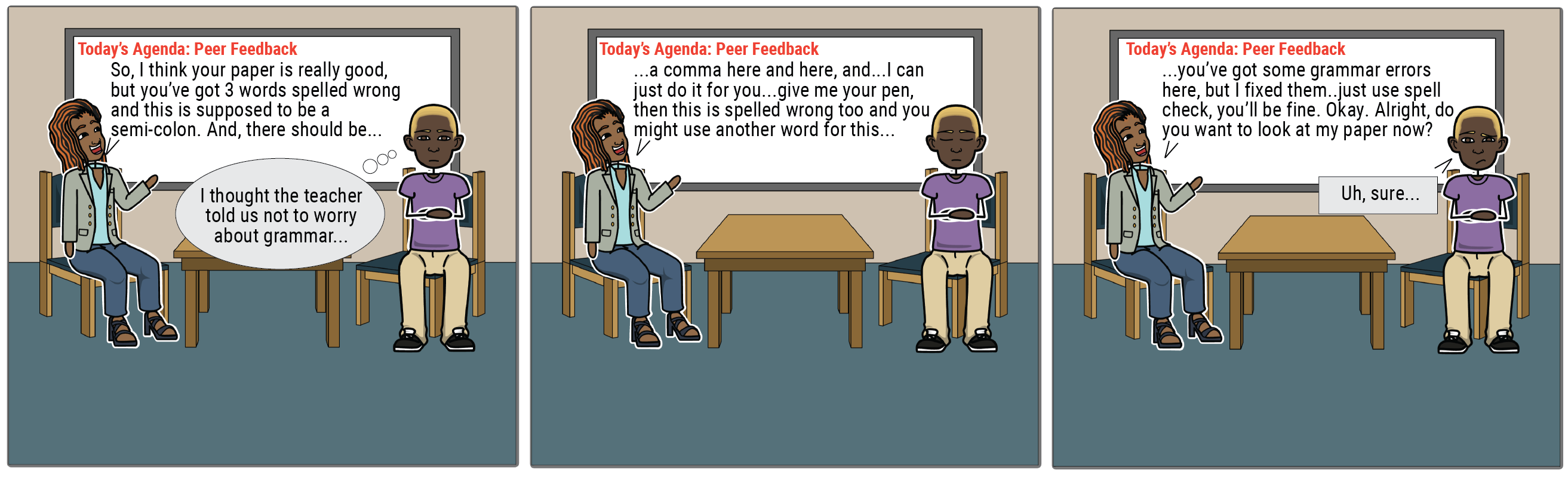 A comic strip shows two students giving peer feedback. Student 1: "So, I think your paper is really good, but you've got three words spelled wrong and this is supposed to be a semicolon. And there should be..." Student 2 thinks, "I thought the teacher told us not to worry about grammar." Student 1: "...a comma here and here and ... I can just do it for you ... give me your pen, then this is spelled wrong too and you might use another word for this." Student 1 continues: "You've got some grammar errors here, but I fixed them ... just use spellcheck and you'll be fine. Okay. All right, do you want to look at my paper now?" Student 2: "Uh, sure."