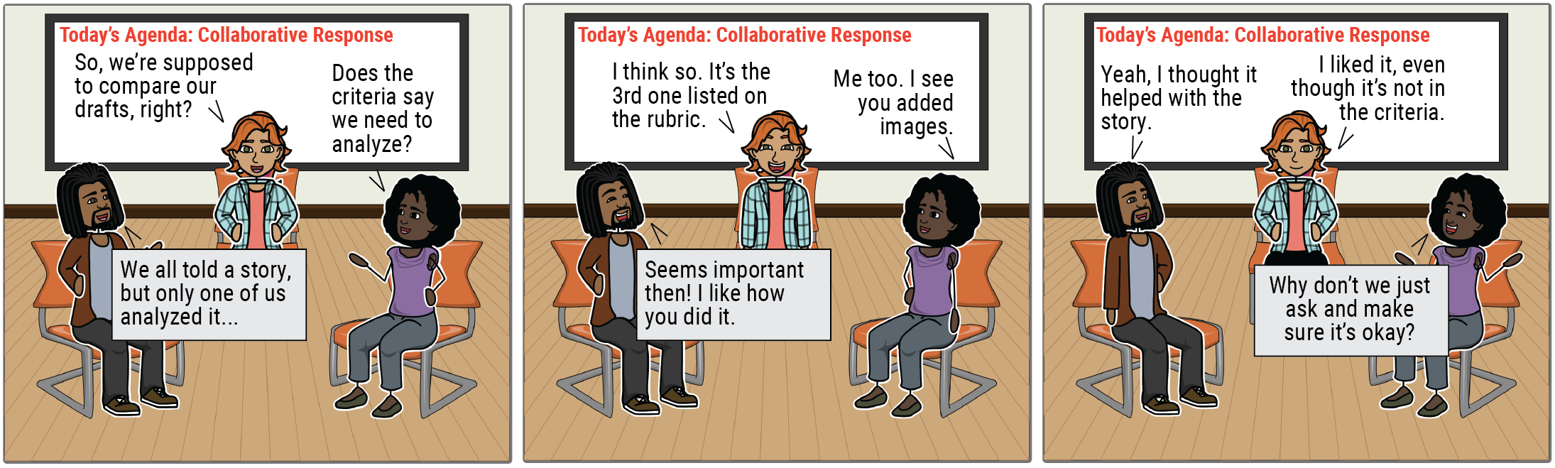A comic strip shows three students in collaborative response. Student 1: "So, we're supposed to compare our drafts, right?" Student 2: "We all told a story, but only one of us analyzed it." Student 3: "Does the criteria say we need to analyze?" Student 1: "I think so. It's the third one listed on the rubric." Student 2: "Seems important then. I like you you did it." Student 3: "Me too. I see you added images." Student 2: "Yeah, I thought it helped with the story." Student 1: "I liked it, even though it's not on the criteria." Student 3: "Why don't we just ask and make sure it's okay?"