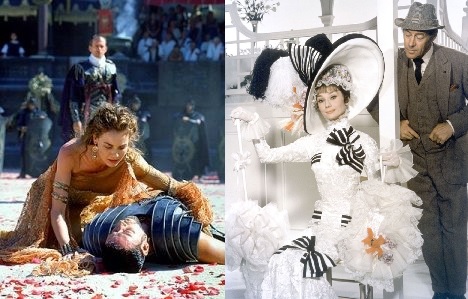 side by side movie shots, one with a fallen gladiator and Roman-era clothes, the other with a woman in Victorian-era frilly dress