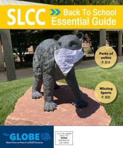 front page of The Globe's back to school essential guide for fall 2020, showing a bear statue on campus wearing a bandana as a covid mask