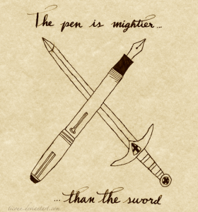 a sketch of a pen and a sword crossed, their sizes equal, and reading "The pen is mightier than the sword"