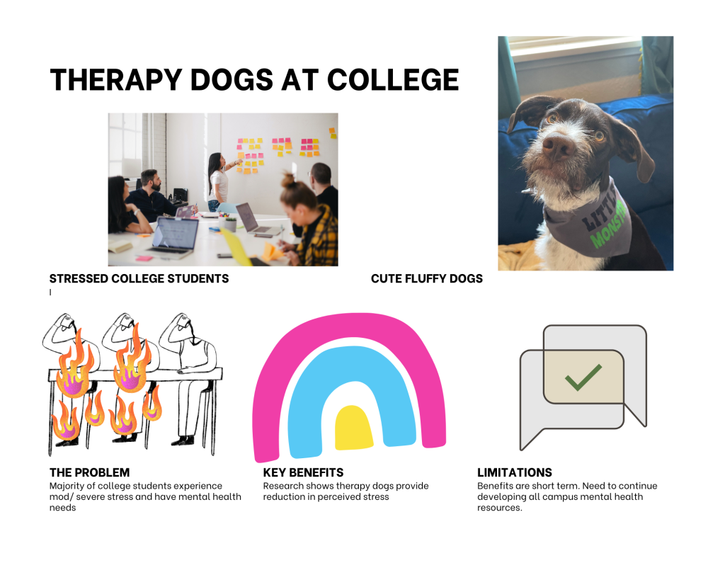 Storyboard includes five images with accompanying text. 1. A group of students working in a classroom with caption, “Stressed college students.” 2. A dog looking up at camera with caption, “Cute fluffy dogs.” 3. The Problem: Majority of college students experience mod/ severe stress and have mental health needs. 4. Key Benefits: Research shows therapy dogs provide reduction of perceived stress. 5. Limitations: Benefits are short term. Need to continue developing all campus mental health resources. (Images 3-5 are decorative)