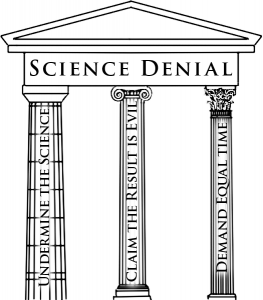 Shows three pillars labeled &quot;Undermine the Science&quot;, &quot;Claim the Result is Evil&quot;, and &quot;Demand Equal Time&quot;.