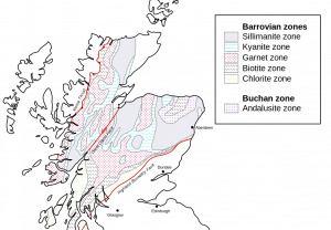Metamorphic zones in Scotland show increasing metamorphic grade across a transect of a deformed mountain range.