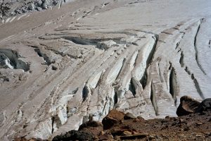 Deep cracks in the surface of glacial ice