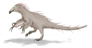It is a feathered dinosaur with large hand claws