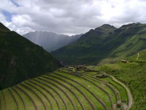 A mountain slope has been made into artificial steps form farming.