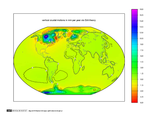 Rate of lithospheric uplift due to Postglacial Rebound, as modelled by Paulson, A