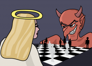 An angel and a demon playing chess with people as the pieces