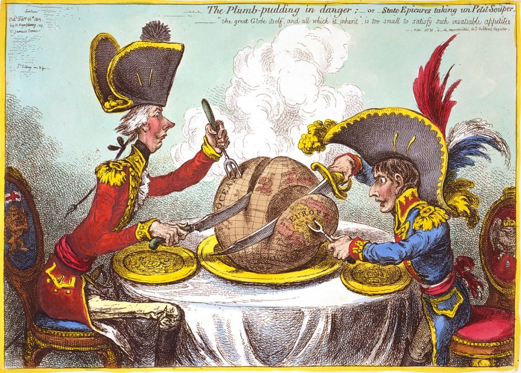 A political cartoon that depicts an English and a French soldier carving up the globe