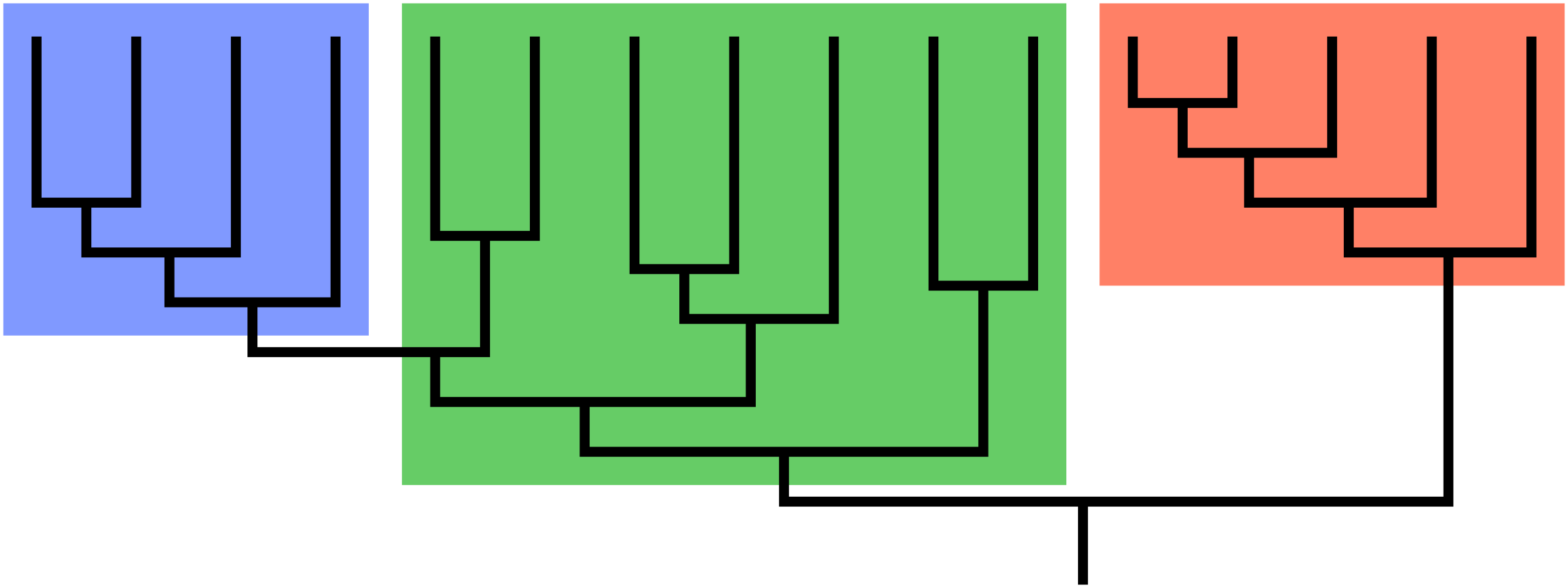 The figure shows a phylogenetic tree with sixteen branch tips. Three groups are shaded. The groups shaded red and blue contain a common ancestor and all of its descendants. The group shaded green contains a common ancestor and some, but not all, of its descendants.